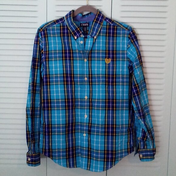 CHAPS XL (18/20) EASY CARE BUTTON-UP PLAID LONG SLEEVE SHIRT EMBROIDERED CREST - Picture 1 of 4